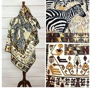 Wathne Twill Silk Scarf  Zebra Print African Style Border Hand Rolled Japan